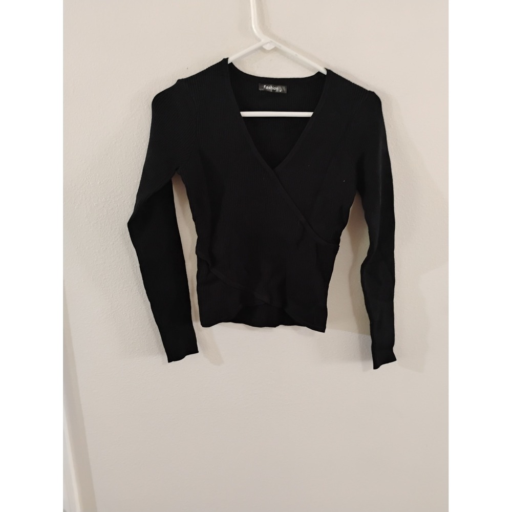 Fashion Black Ribbed Long Sleeve Wrap V-Neck Top Size Medium
